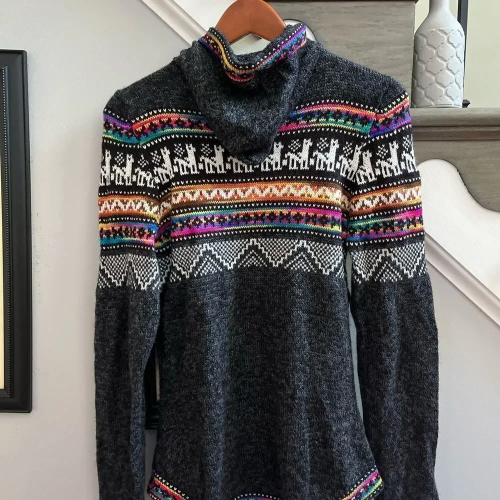 Peruvian Print Gray Acrylic Hoodie Sweater sz M EUC
